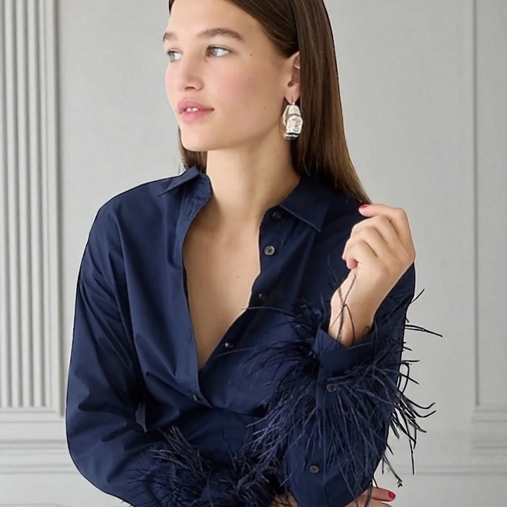 J. CREW COLLECTION Feather-Trim Cotton Poplin Button-Up Shirt Size 8